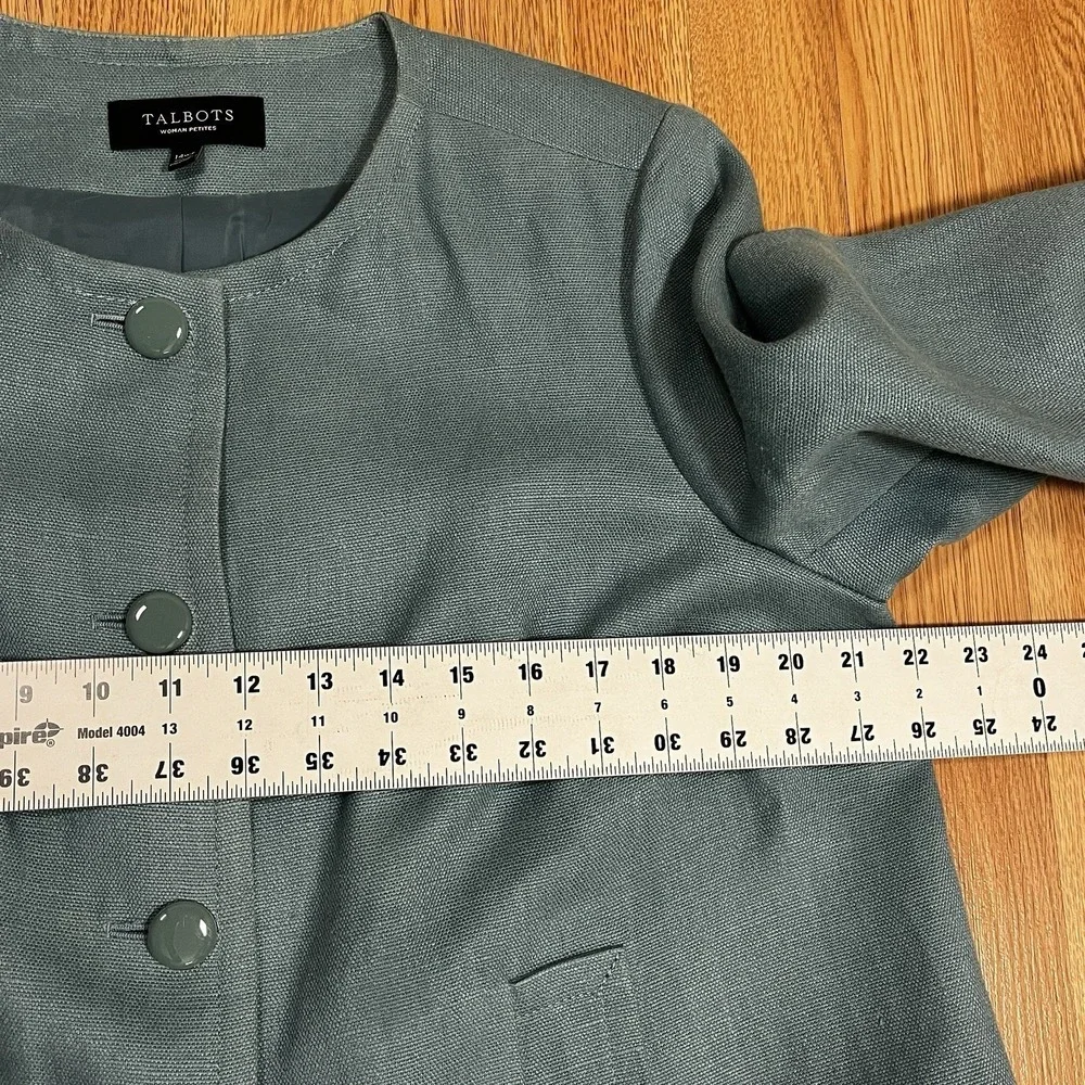 Talbots Woman Petites Blue 100% Linen Collarless Button Jacket 14WP Tailored